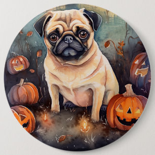 Badge Rond 15,2 Cm Pug d'Halloween avec citrouilles effrayant
