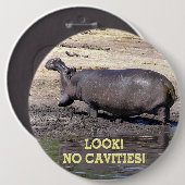 BADGE ROND 15,2 CM "REGARDE ! PAS DE CAVITÉS !" HIPPO AVEC BOUCHE LAR (Devant & derrière)