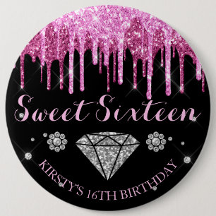 Badge Rond 15,2 Cm Rose Chaud Pailleté Goutte Diamant Sweet Sixteen