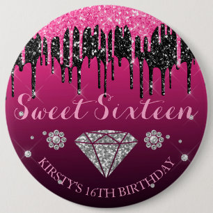 Badge Rond 15,2 Cm Rose et Noir Paillettes Coulée Diamant Sweet Sixte