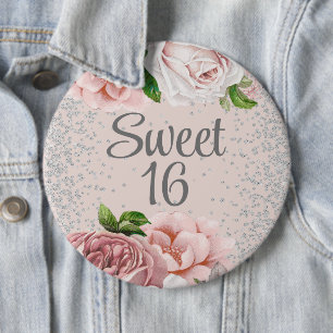 Badge Rond 15,2 Cm Roses Rose Pâle Pailleté Argent Douce 16