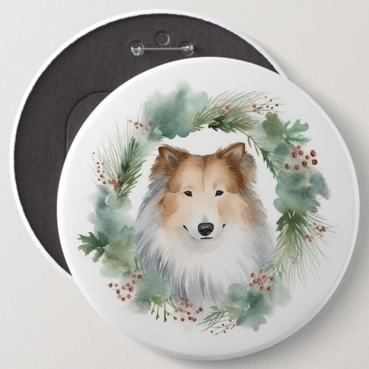 Badge Rond 15,2 Cm Rough Collie Christmas Wreath Festive Pup (Devant & derrière)
