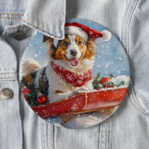 Badge Rond 15,2 Cm Rough Collie Dog in Sledge Let Snow Christmas