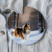 Badge Rond 15,2 Cm Rough Collie Laisser Neige Noël (En situation)