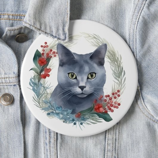 Badge Rond 15,2 Cm Russe Blue Chat Noël Wreath Festive Kitten (En situation)