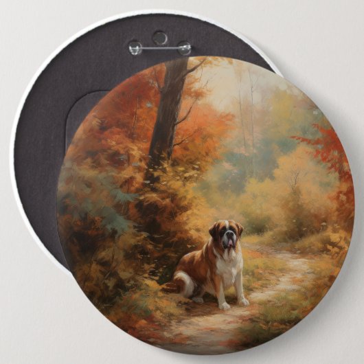 Badge Rond 15,2 Cm Saint Bernard en automne Feuilles Automne automne  (Devant & derrière)