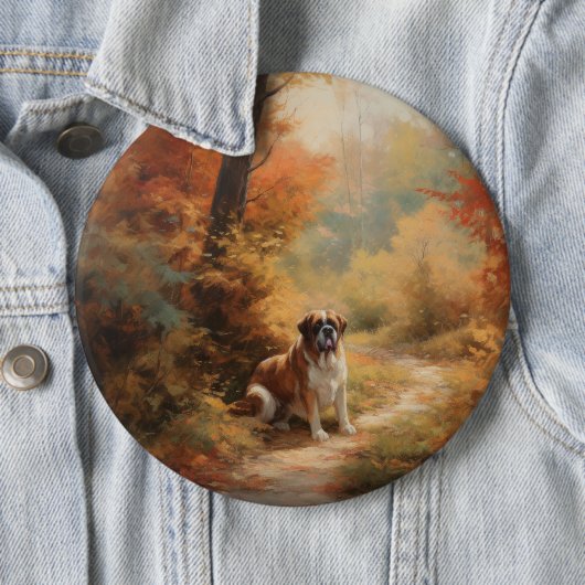 Badge Rond 15,2 Cm Saint Bernard en automne Feuilles Automne automne  (En situation)