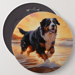 Badge Rond 15,2 Cm Sandy Paws Bernese Mountain Dog on Beach Sunset