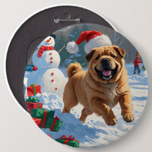 Badge Rond 15,2 Cm Shar Pei courant dans la neige avec un chapeau de