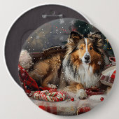 Badge Rond 15,2 Cm Shetland Sheepdog Festif de Noël (Devant & derrière)