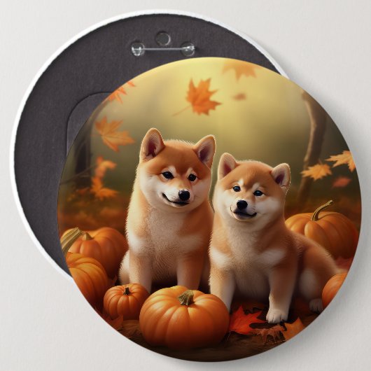 Badge Rond 15,2 Cm Shiba Inu Chiot Automne Citrouille de plaisir (Devant & derrière)