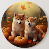 Badge Rond 15,2 Cm Shiba Inu Chiot Automne Citrouille de plaisir (Devant)