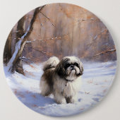 Badge Rond 15,2 Cm Shih Tzu Laisse Neige Noël (Devant)