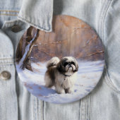Badge Rond 15,2 Cm Shih Tzu Laisse Neige Noël (En situation)