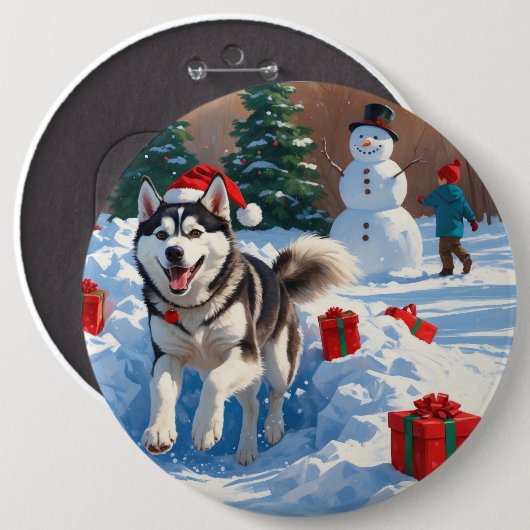 Badge Rond 15,2 Cm Sibérie Husky Courir en neige avec Casquette de No (Devant & derrière)
