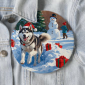 Badge Rond 15,2 Cm Sibérie Husky Courir en neige avec Casquette de No (En situation)