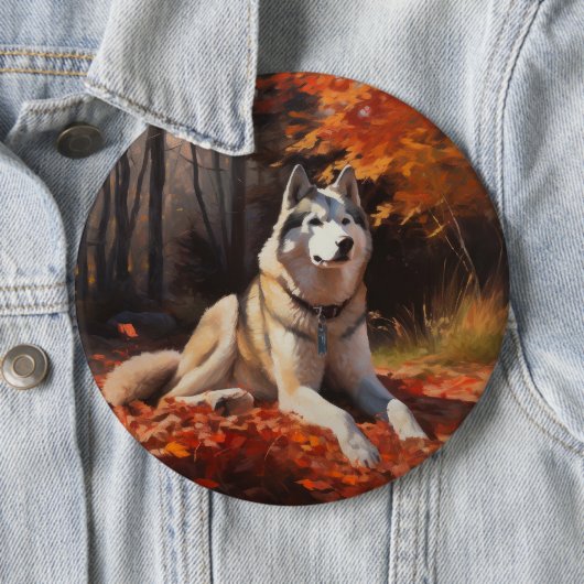 Badge Rond 15,2 Cm Sibérie Husky en automne Feuilles automne Inspire  (En situation)
