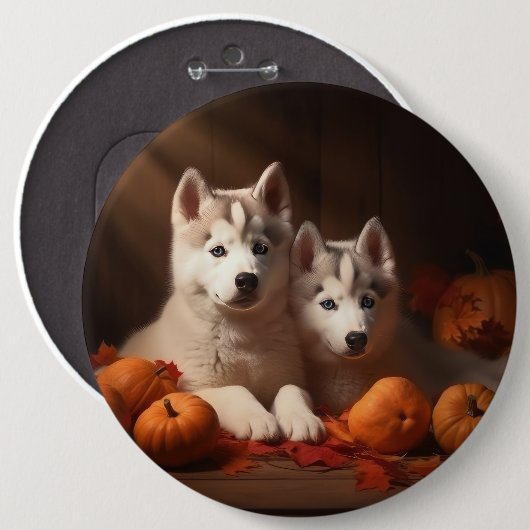 Badge Rond 15,2 Cm Sibérie Husky Puppy Citrouille d'automne (Devant & derrière)