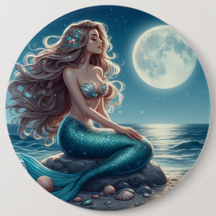 Badge Rond 15,2 Cm Sirène sur la plage la nuit