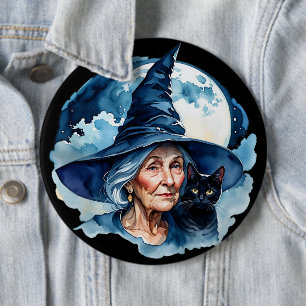 Badge Rond 15,2 Cm Sorcière avec un chat - Halloween Wicca 1