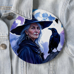 Badge Rond 15,2 Cm Sorcière avec un corbeau - Halloween Fun 1