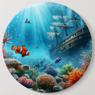 Badge Rond 15,2 Cm Sous la mer, tortue, corail, bateau, poisson clown