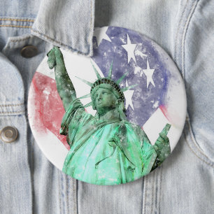 Badge Rond 15,2 Cm Statue de la Liberté closeup avec drapeau aquarell