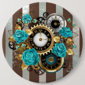 Badge Rond 15,2 Cm Steampunk Clock and Turquoise Roses on Striped (Devant)