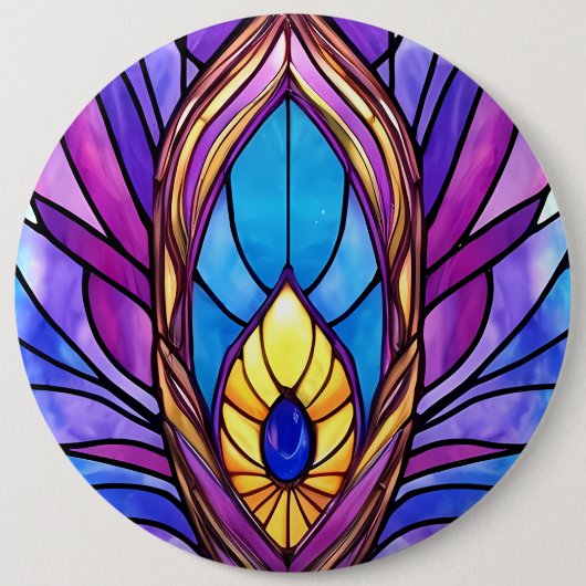 Badge Rond 15,2 Cm Style Art Nouveau Vitrage Peacock Plumes (Devant)