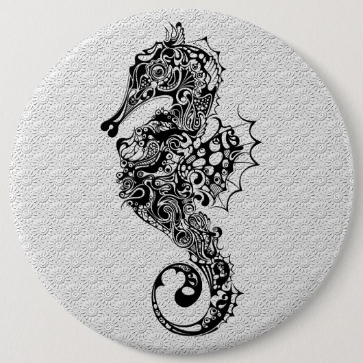 Badge Rond 15,2 Cm Style Seahorse-Blanc-Noir-Tatouage (Devant)
