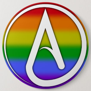 Badge Rond 15,2 Cm Symbole athée blanc sur arc-en-ciel