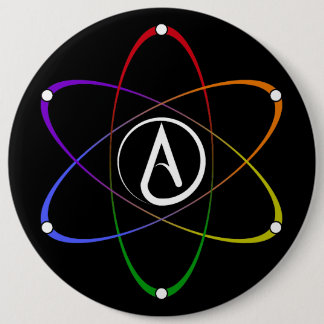 Badge Rond 15,2 Cm Symbole de l'atome athée arc-en-ciel blanc