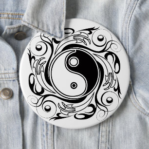 Badge Rond 15,2 Cm Symbole Yin et Yang Style tatouage noir et blanc