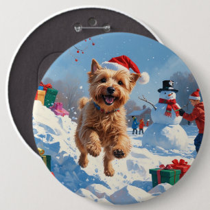Badge Rond 15,2 Cm Terrier Wheaten courant dans la neige avec un chap