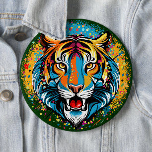 Badge Rond 15,2 Cm Tête de tigre couleurs arc-en-ciel peinture taches