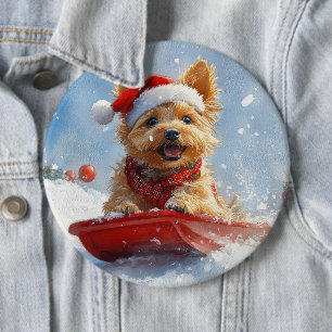 Badge Rond 15,2 Cm Un Terrier australien à la luge, qu'il neige Noël