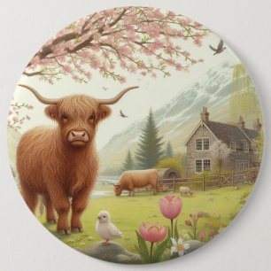 Badge Rond 15,2 Cm Vache des hautes terres mignonne, florale/printani