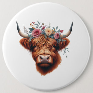 Badge Rond 15,2 Cm Vache des hautes terres mignonne, florale/printani