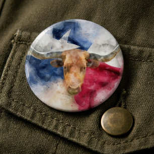 Badge Rond 15,2 Cm Vache Longhorn avec Texas Drapeau Carte Aquarelle