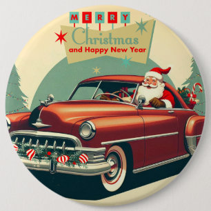 Badge Rond 15,2 Cm Voiture rouge vintage & Père Noël