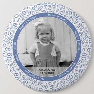 Badge Rond 15,2 Cm Votre photo : 60e numéro Motif bleu et blanc