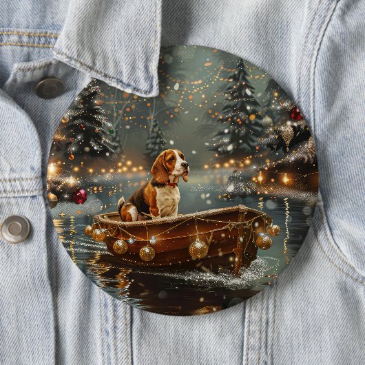 Badge Rond 15,2 Cm Voyage festif de Noël beagle (En situation)