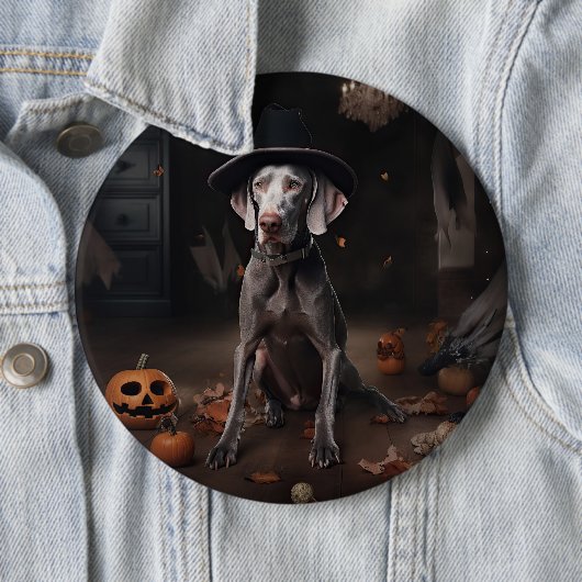 Badge Rond 15,2 Cm Weimaraner Citrouilles Halloween effrayant (En situation)