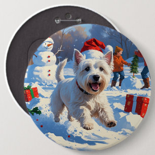 Badge Rond 15,2 Cm Westie courant dans la neige avec un chapeau de No