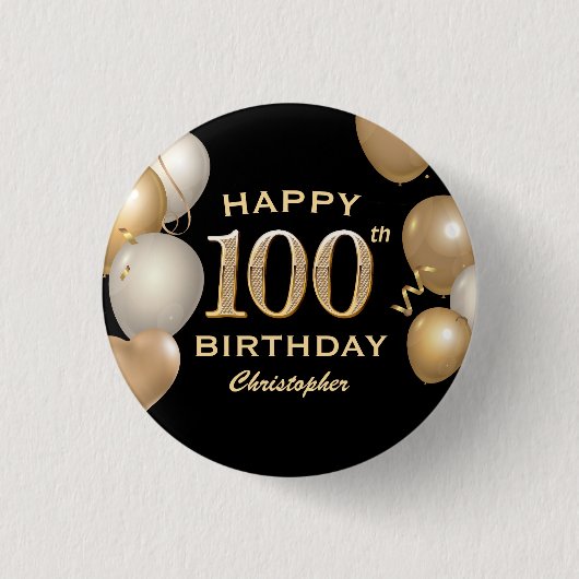 Badge Rond 2,50 Cm 100e fête d'anniversaire Ballons Noir et Or (Devant)