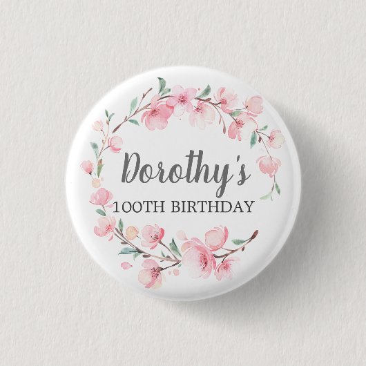 Badge Rond 2,50 Cm 100e fête d'anniversaire Fleur de cerisier rose Fl (Devant)