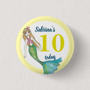 Badge Rond 2,50 Cm 10 Aujourd'hui Belle Sirène avec Cheveux Blonds Bo