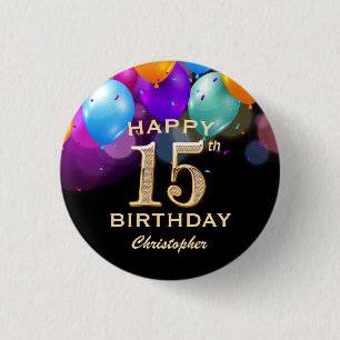 Badge Rond 2,50 Cm 15e anniversaire de la fête Ballons Noir et Or