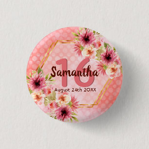 Badge Rond 2,50 Cm 16e anniversaire corail or dahlia fleurs