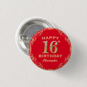Badge Rond 2,50 Cm 16e anniversaire Parties scintillant rouge et or c (Devant & derrière)